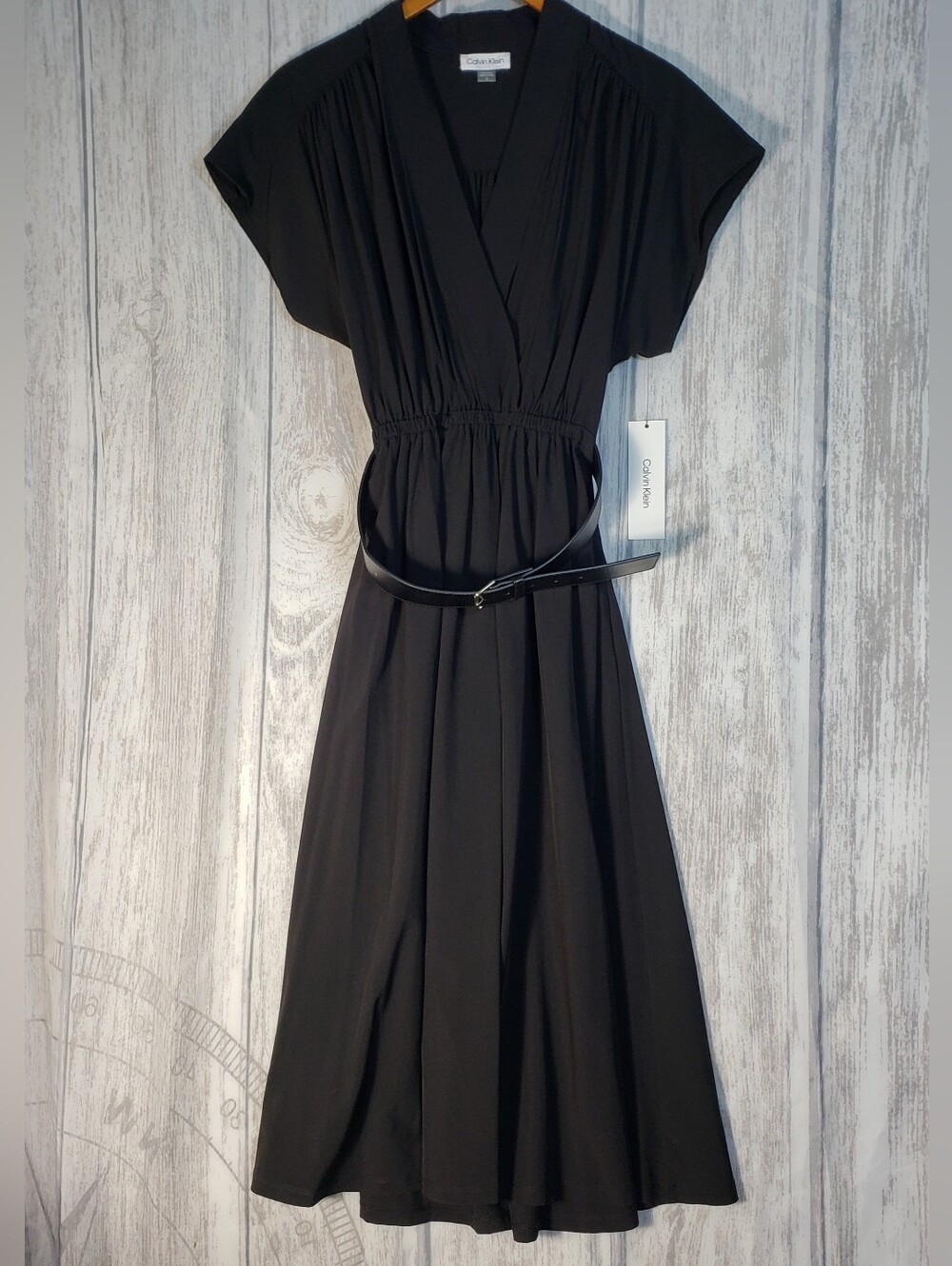 Calvin Klein Belted Midi Dress Black Faux-wrap V-neckline, Career Sz 6 NWT